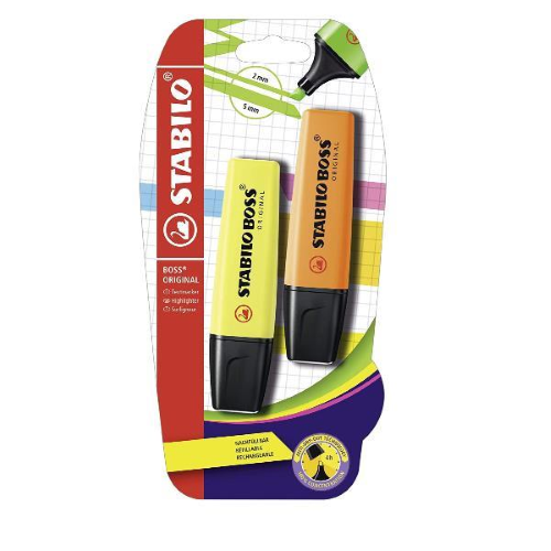 STABILO BOSS ORIGINAL EVIDENZIATORE TRATTO 2/5 MM GIALLO/ARANCIO CONF 2 Pz.
